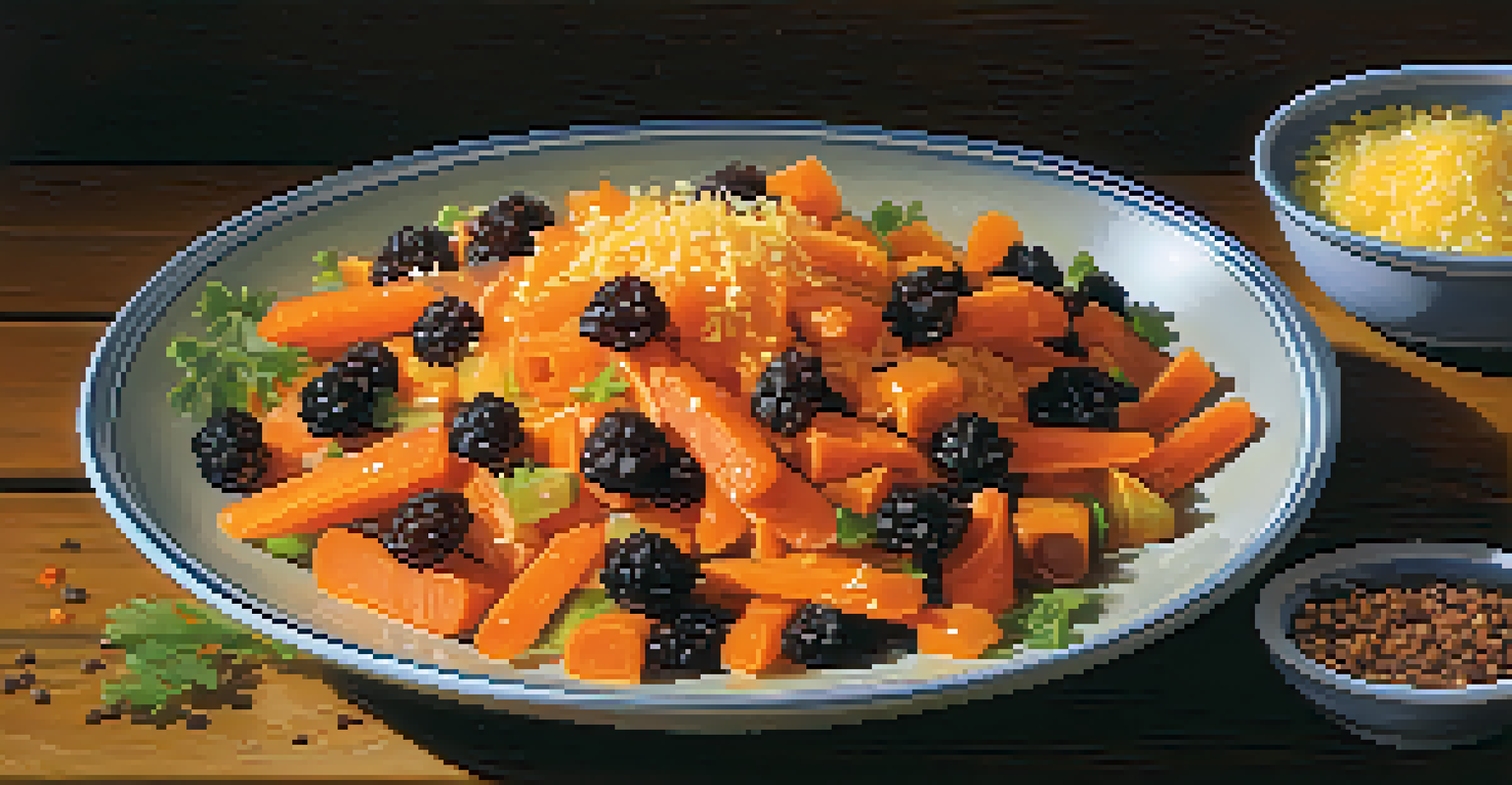 A bowl of grated carrot salad with raisins, lemon juice, and cinnamon, set on a wooden table.