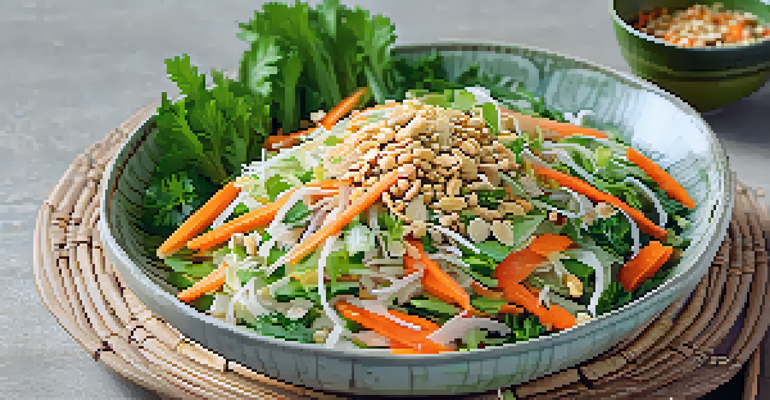 A traditional Vietnamese Gỏi salad with shredded vegetables, topped with crushed peanuts and served with tangy dressing, on a rustic ceramic plate.