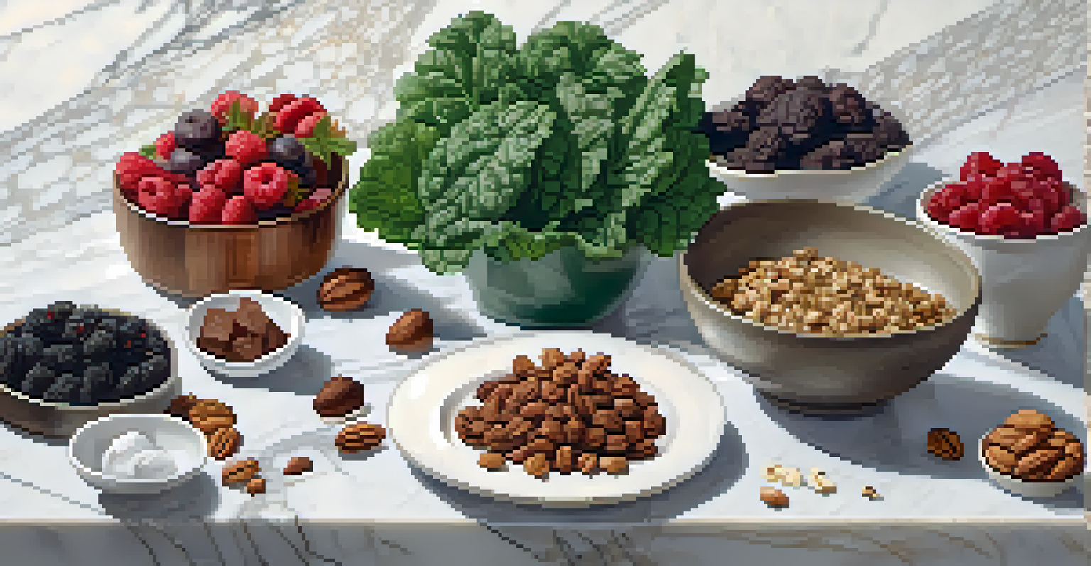 An assortment of raw foods including kale, spinach, berries, walnuts, and raw cacao, arranged on a marble countertop with natural light.