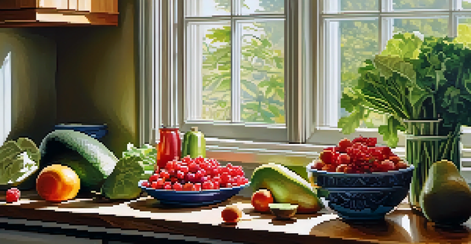 A bright kitchen with fresh fruits and vegetables on a wooden countertop, illuminated by sunlight.