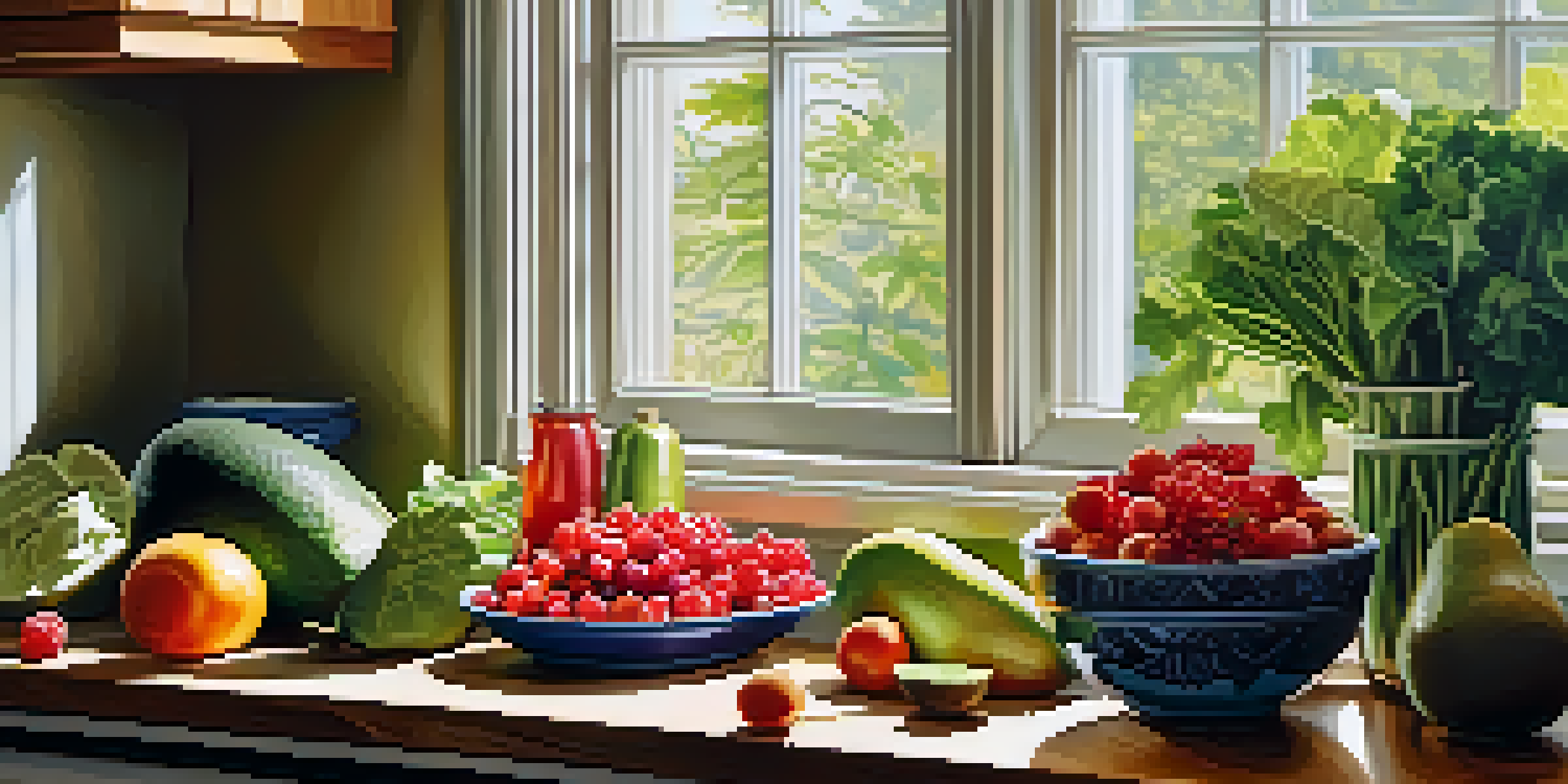 A bright kitchen with fresh fruits and vegetables on a wooden countertop, illuminated by sunlight.