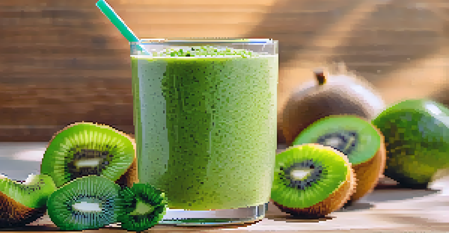 A close-up of a green smoothie in a clear glass, decorated with kiwi slices and chia seeds, surrounded by fresh fruits and vegetables.