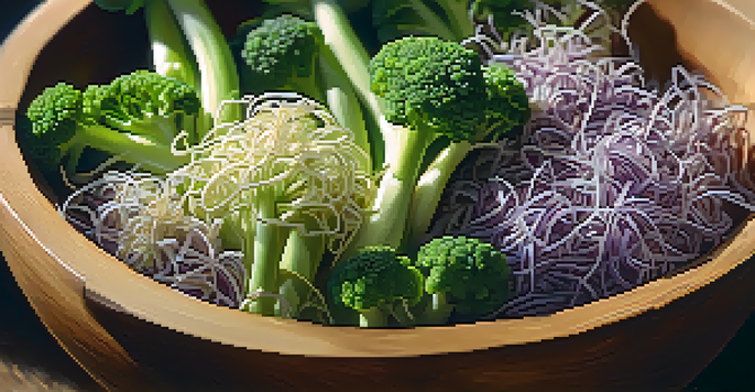 A close-up image of different types of sprouts in a wooden bowl, illuminated by sunlight, with scattered seeds around them.