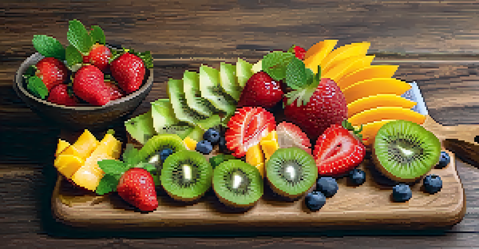 A colorful fruit tower made of kiwi, strawberries, and mango on a rustic wooden board, garnished with mint leaves and chia seeds.
