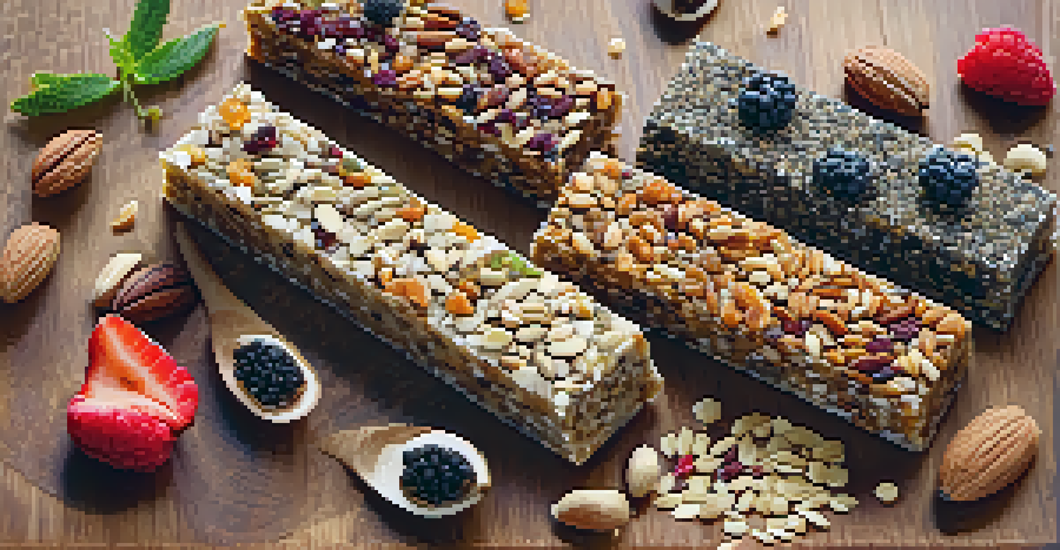 Close-up of raw energy bars with nuts, seeds, and dried fruits on a wooden cutting board.