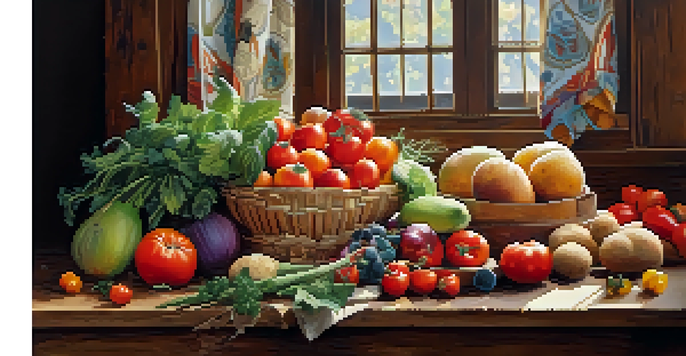 An array of fresh fruits and vegetables on a wooden table, illuminated by soft natural light.