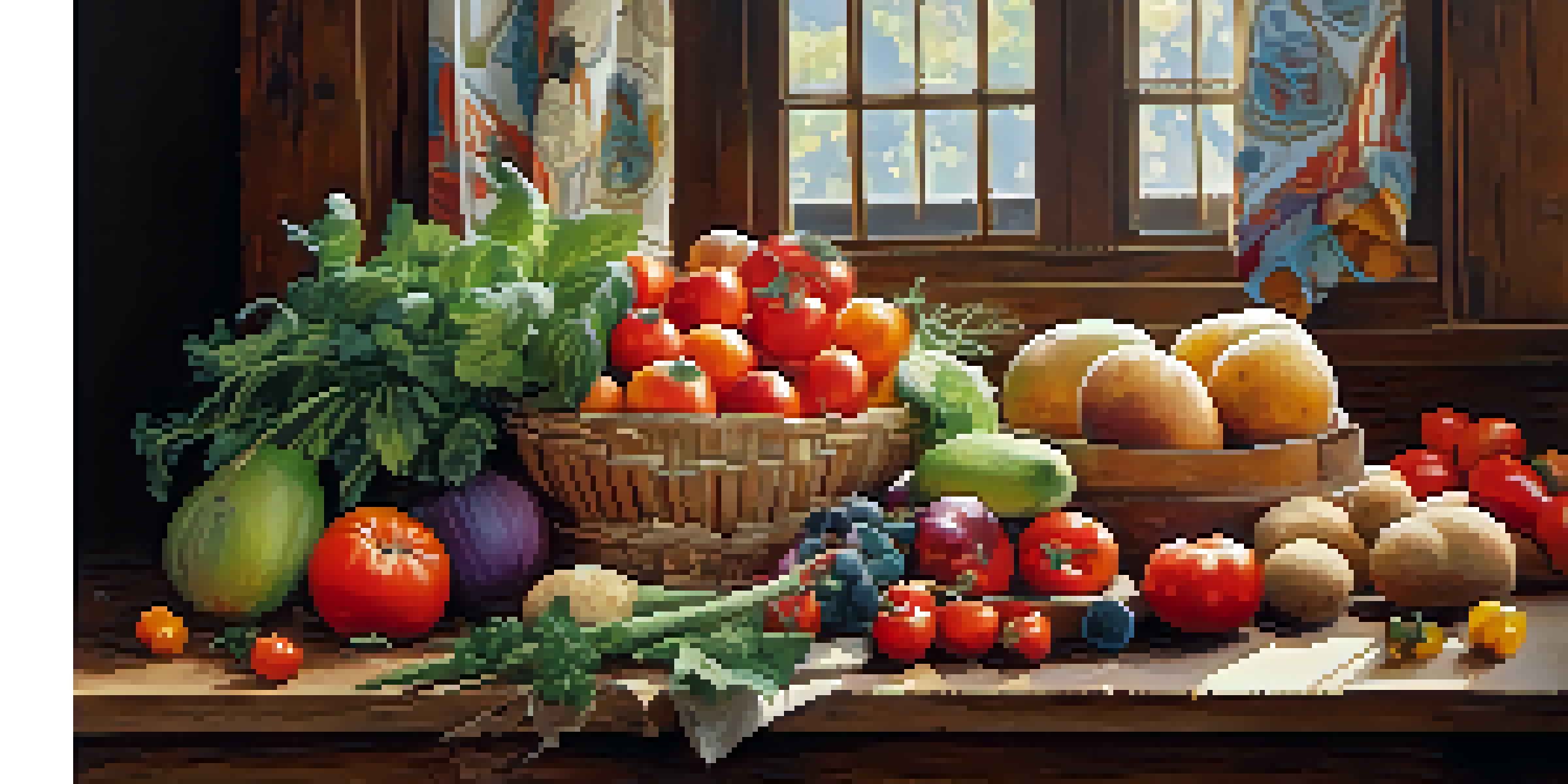 An array of fresh fruits and vegetables on a wooden table, illuminated by soft natural light.