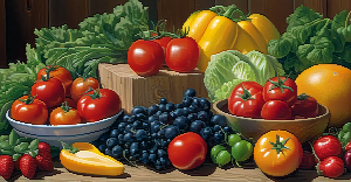 A colorful arrangement of fresh fruits and vegetables on a wooden table, with sunlight casting soft shadows.