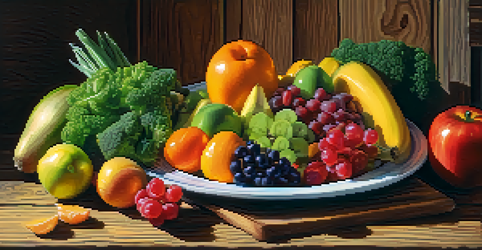 A colorful plate of artfully arranged raw fruits and vegetables, beautifully presented on a rustic wooden table with warm sunlight.