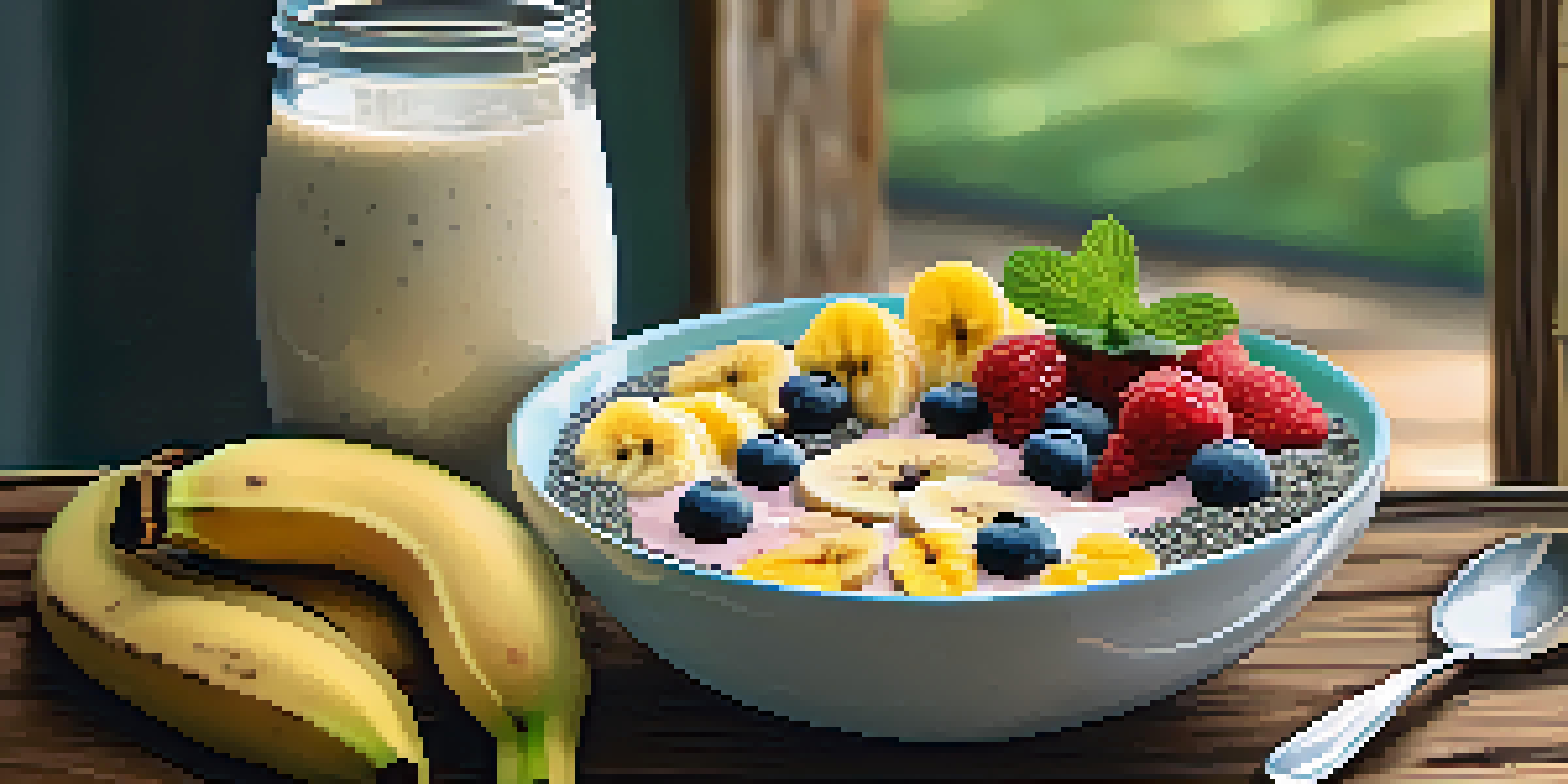 A colorful smoothie bowl with banana slices, berries, and chia seeds on a wooden table, next to a glass of almond milk and mint, illuminated by soft morning light.