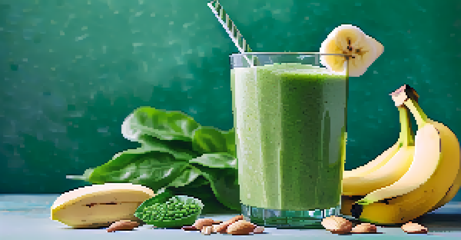 A close-up of a green smoothie in a glass with banana slices and chia seeds, surrounded by fresh ingredients like spinach and almonds.