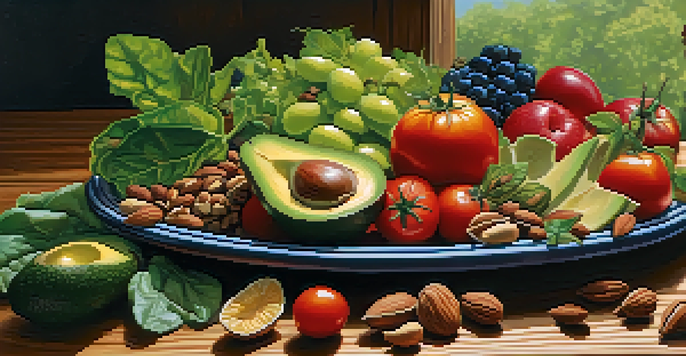 A colorful arrangement of raw fruits, vegetables, nuts, and seeds on a wooden table, illuminated by natural light.