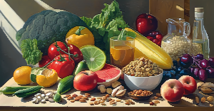 A colorful assortment of raw fruits, vegetables, nuts, and seeds arranged on a wooden table with a knife and cutting board under soft sunlight.