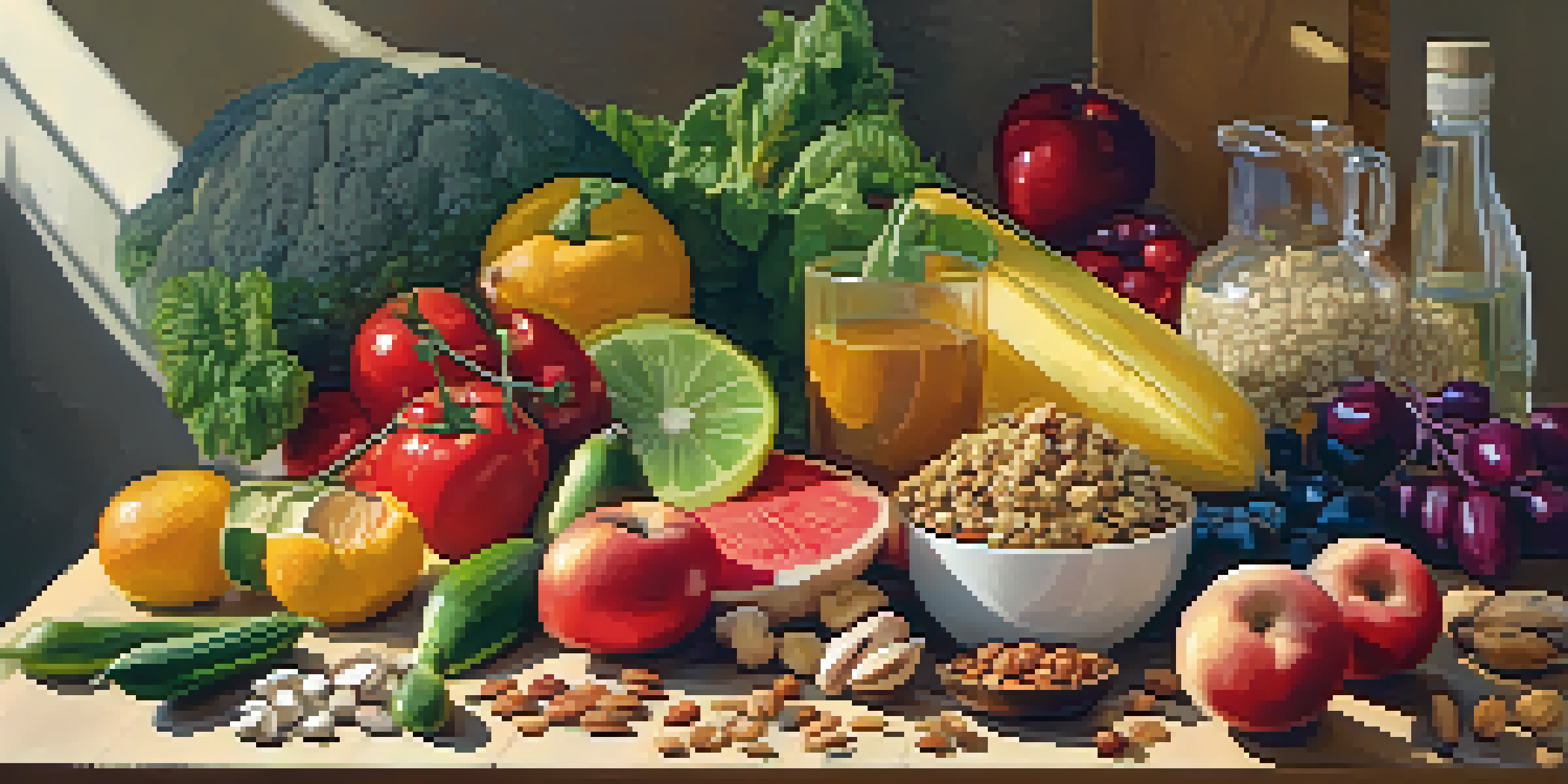 A colorful assortment of raw fruits, vegetables, nuts, and seeds arranged on a wooden table with a knife and cutting board under soft sunlight.