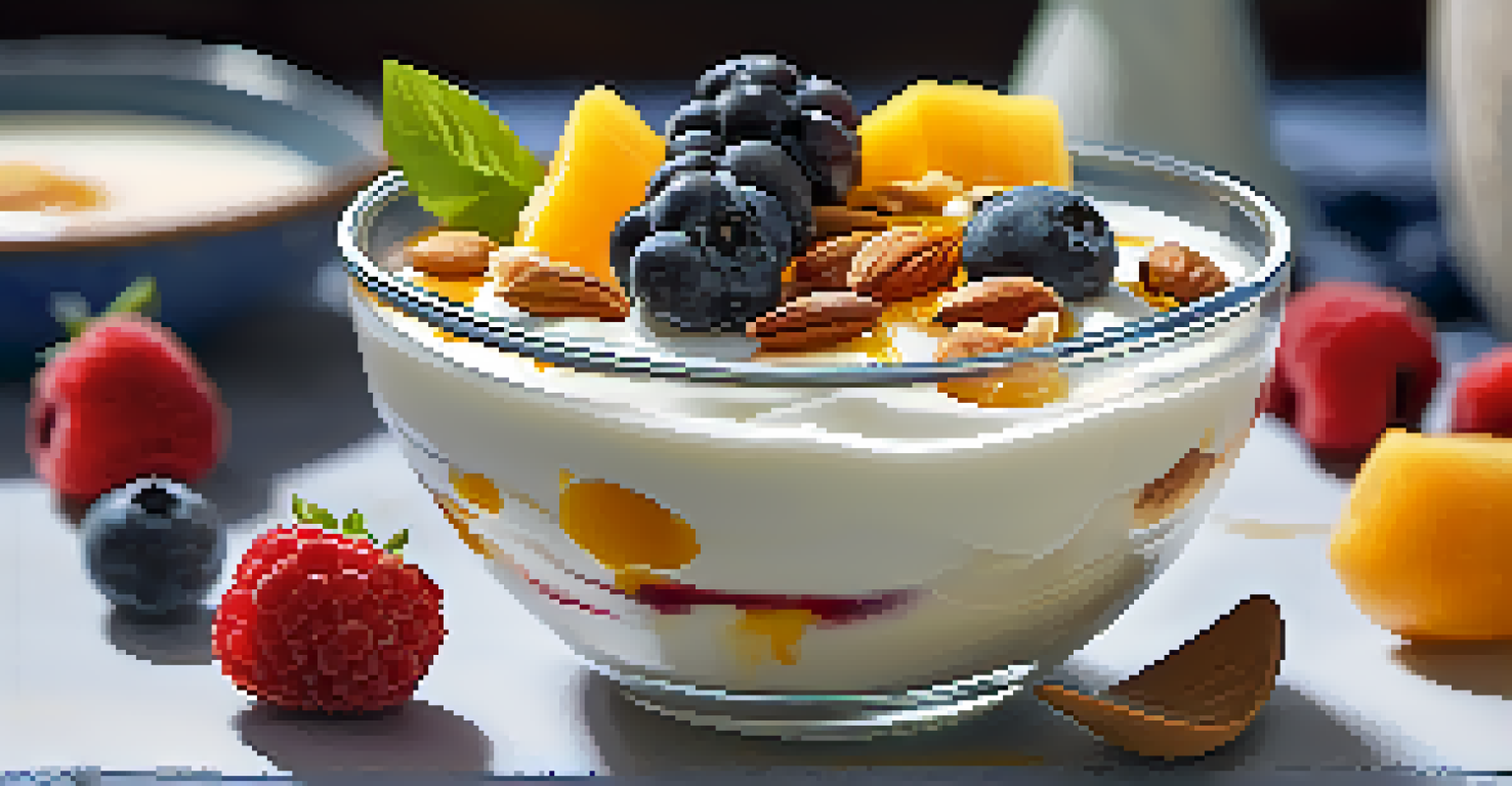 A close-up view of a bowl of yogurt garnished with fresh fruits, nuts, and honey, emphasizing the creamy texture and vibrant colors.