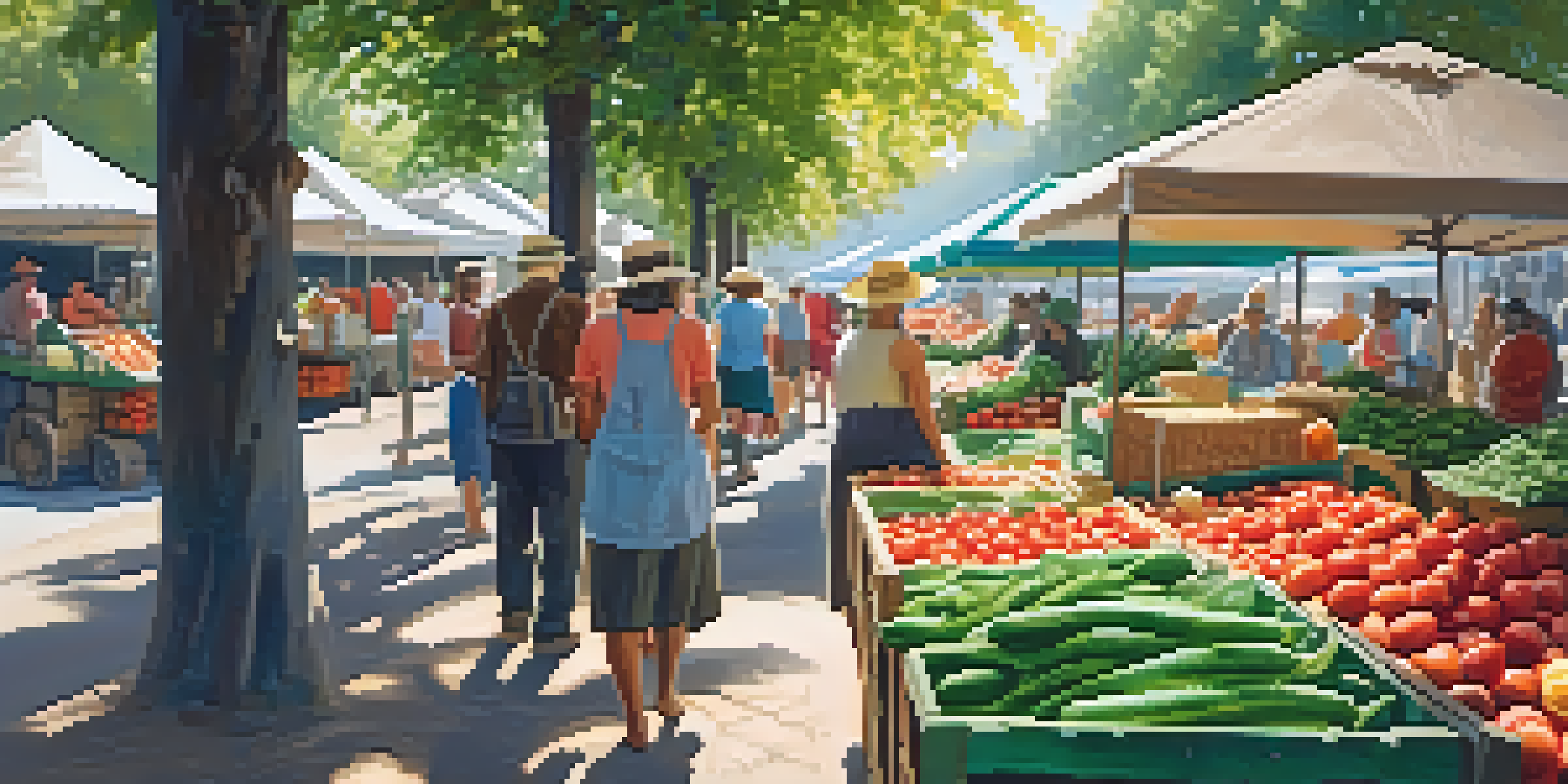 A lively farmers' market with colorful stalls of fresh fruits and vegetables under warm sunlight.