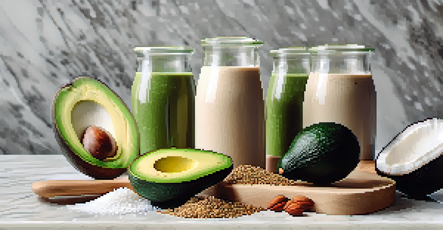 An arrangement of raw keto smoothie ingredients including avocados, spinach, nut butter, and coconut milk on a marble countertop.