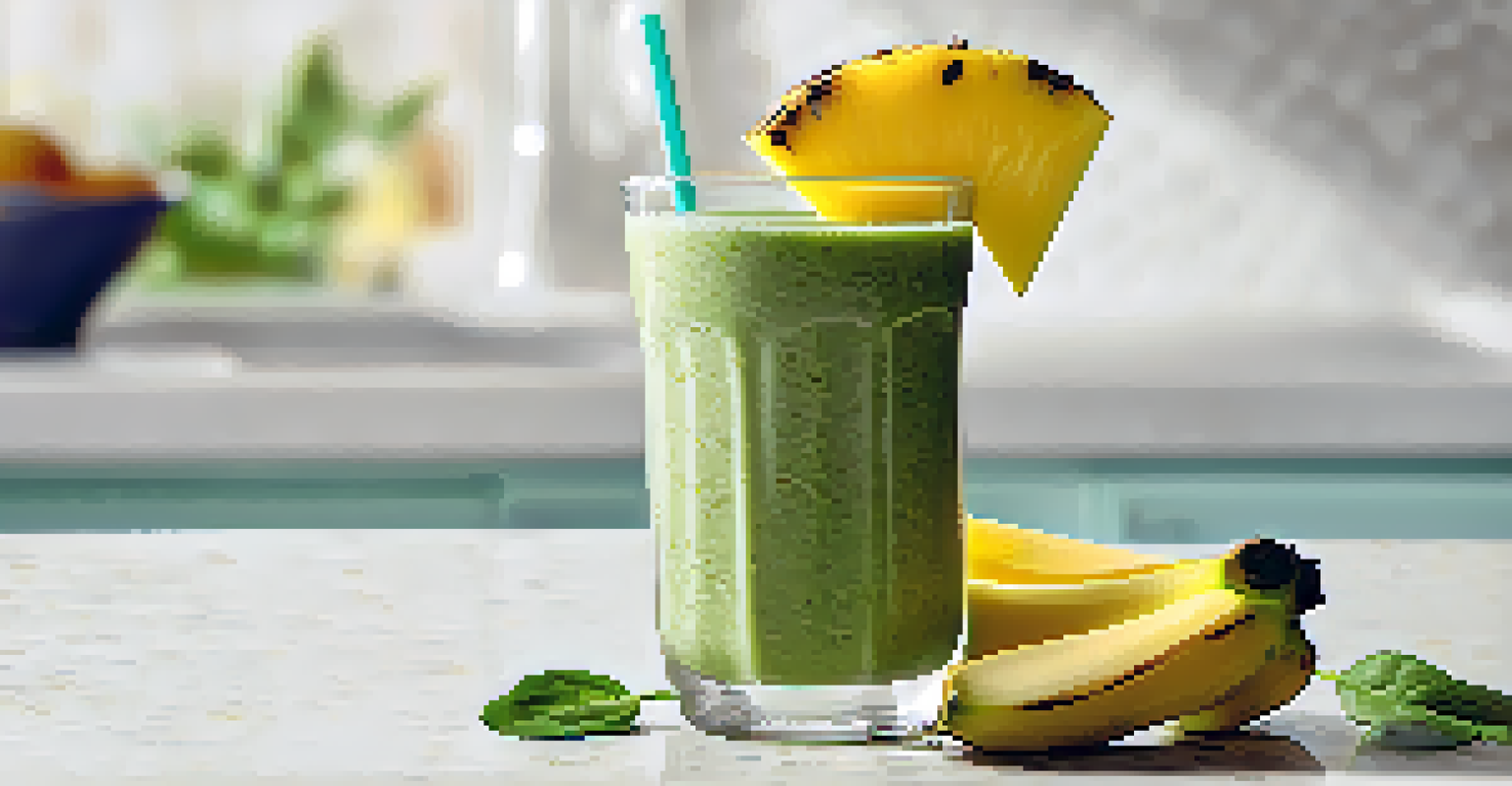 A green smoothie in a clear glass, garnished with pineapple and chia seeds, placed on a bright kitchen countertop.