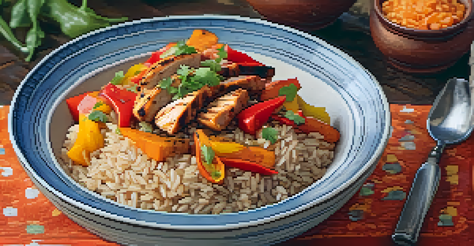 A close-up of a bowl of brown rice topped with roasted sweet potatoes, grilled chicken, and colorful bell peppers, garnished with fresh herbs.