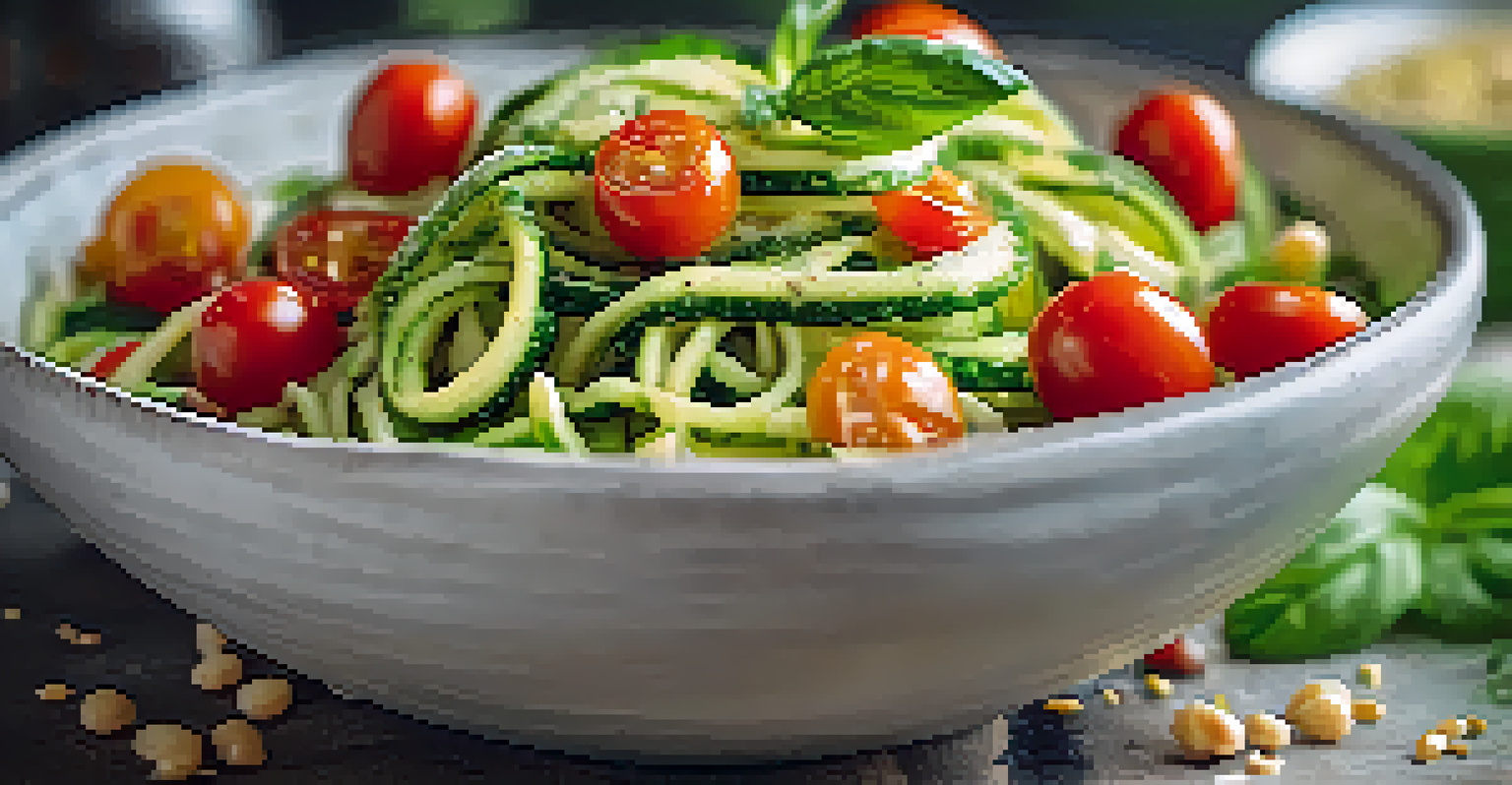 A close-up of a raw zucchini noodle salad with cherry tomatoes and pesto, set against a rustic kitchen background.