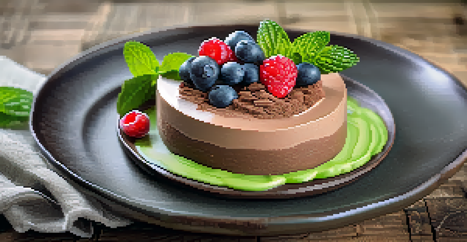 A stylishly plated raw chocolate mousse dessert made from avocados, topped with fresh berries and mint leaves on a rustic wooden table.