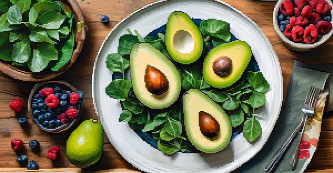 A colorful display of raw foods including avocados, berries, and greens on a wooden table, illuminated by natural light.