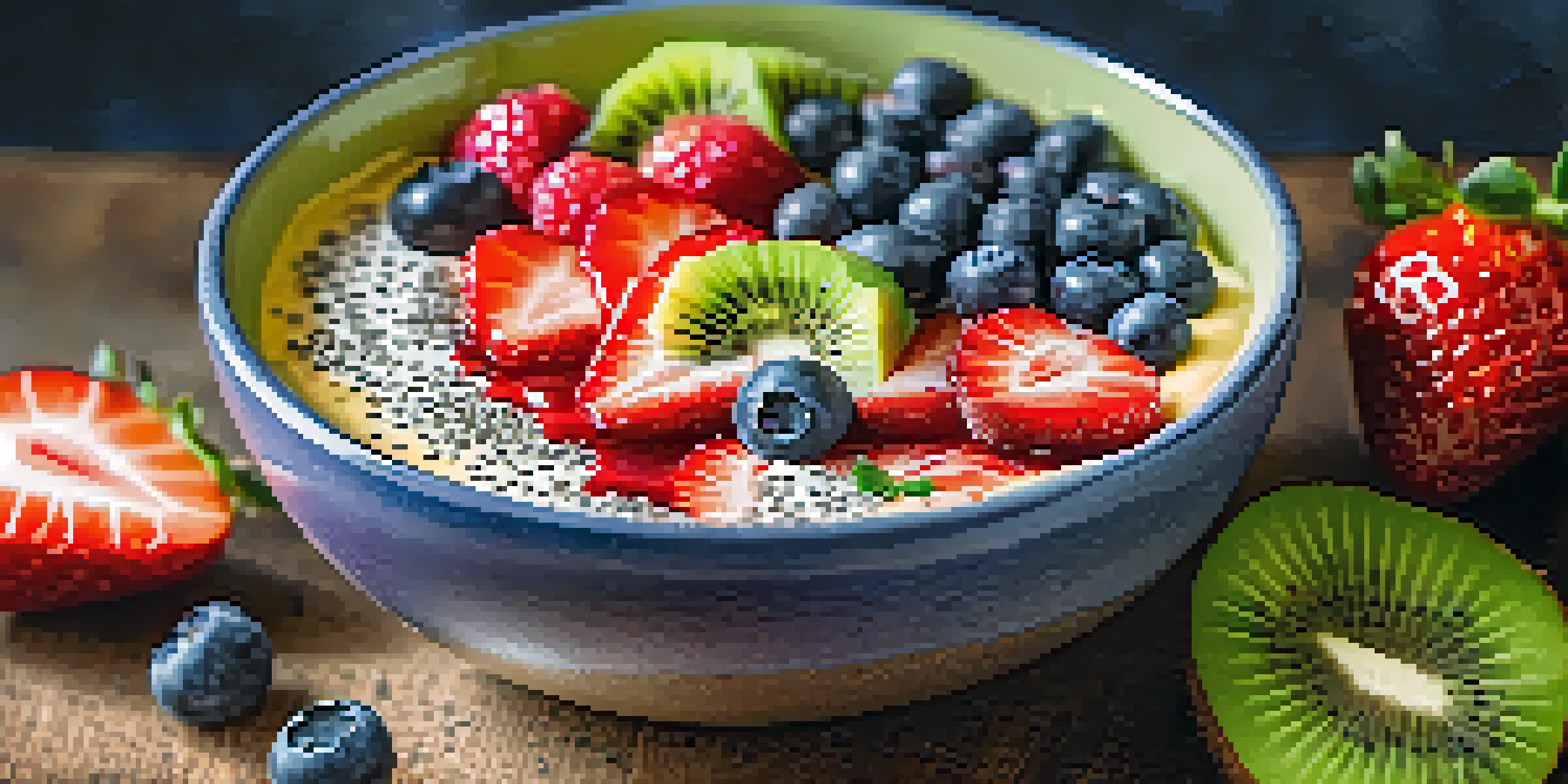 A colorful smoothie bowl filled with fruits and chia seeds, illuminated by natural sunlight.