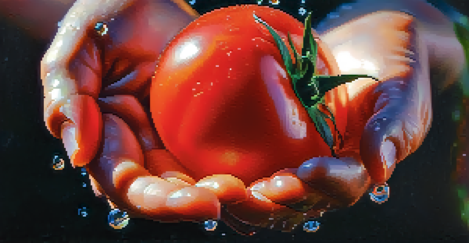 A close-up of a hand holding a ripe tomato with water droplets, surrounded by colorful raw vegetables in the background.