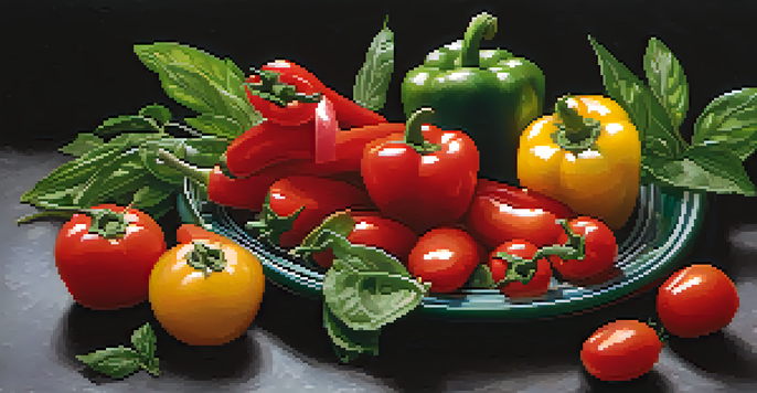 A colorful raw food plate with bright vegetables arranged on a dark slate plate, featuring sliced avocado and garnished with fresh basil and sesame seeds.