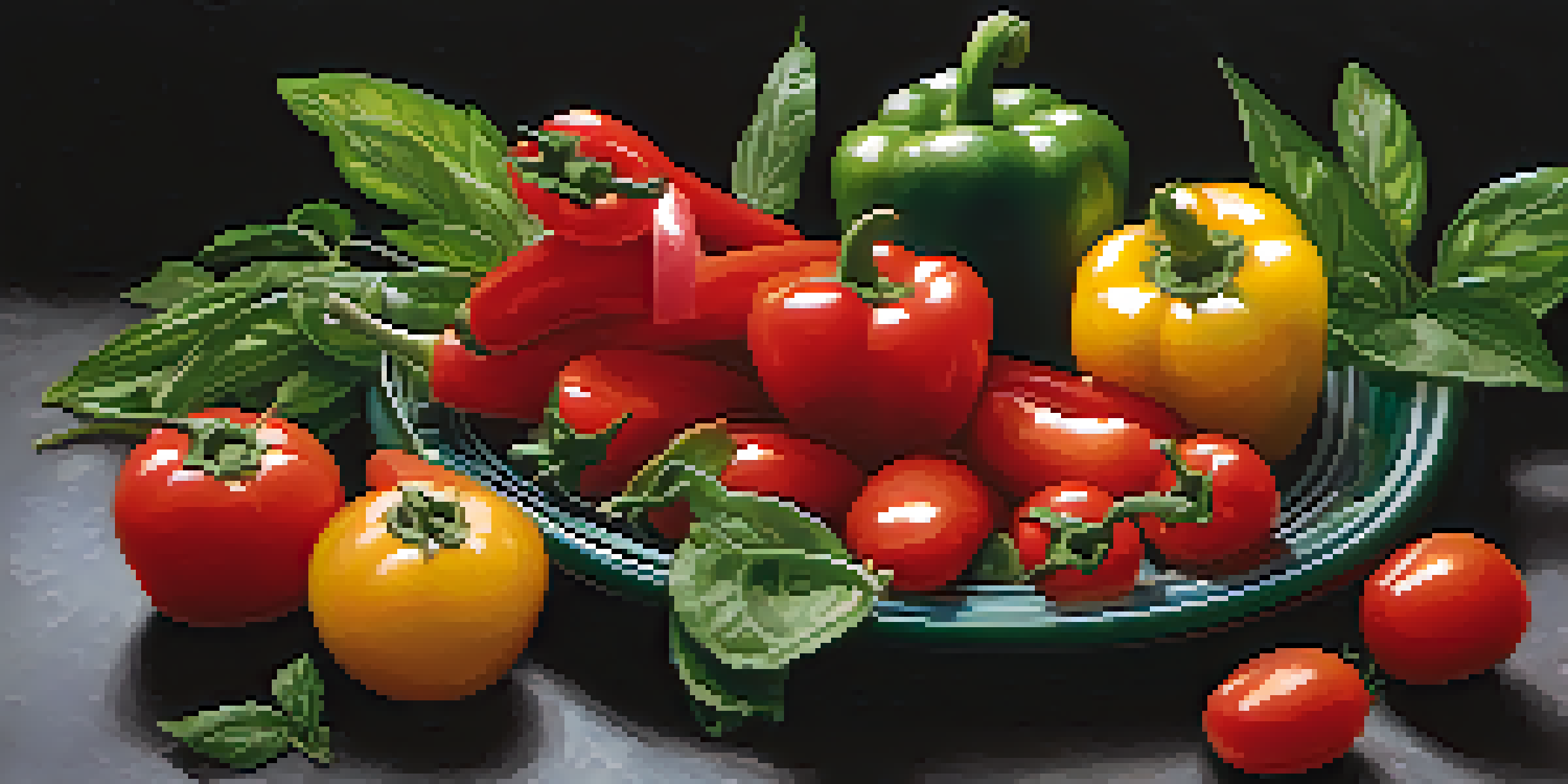 A colorful raw food plate with bright vegetables arranged on a dark slate plate, featuring sliced avocado and garnished with fresh basil and sesame seeds.
