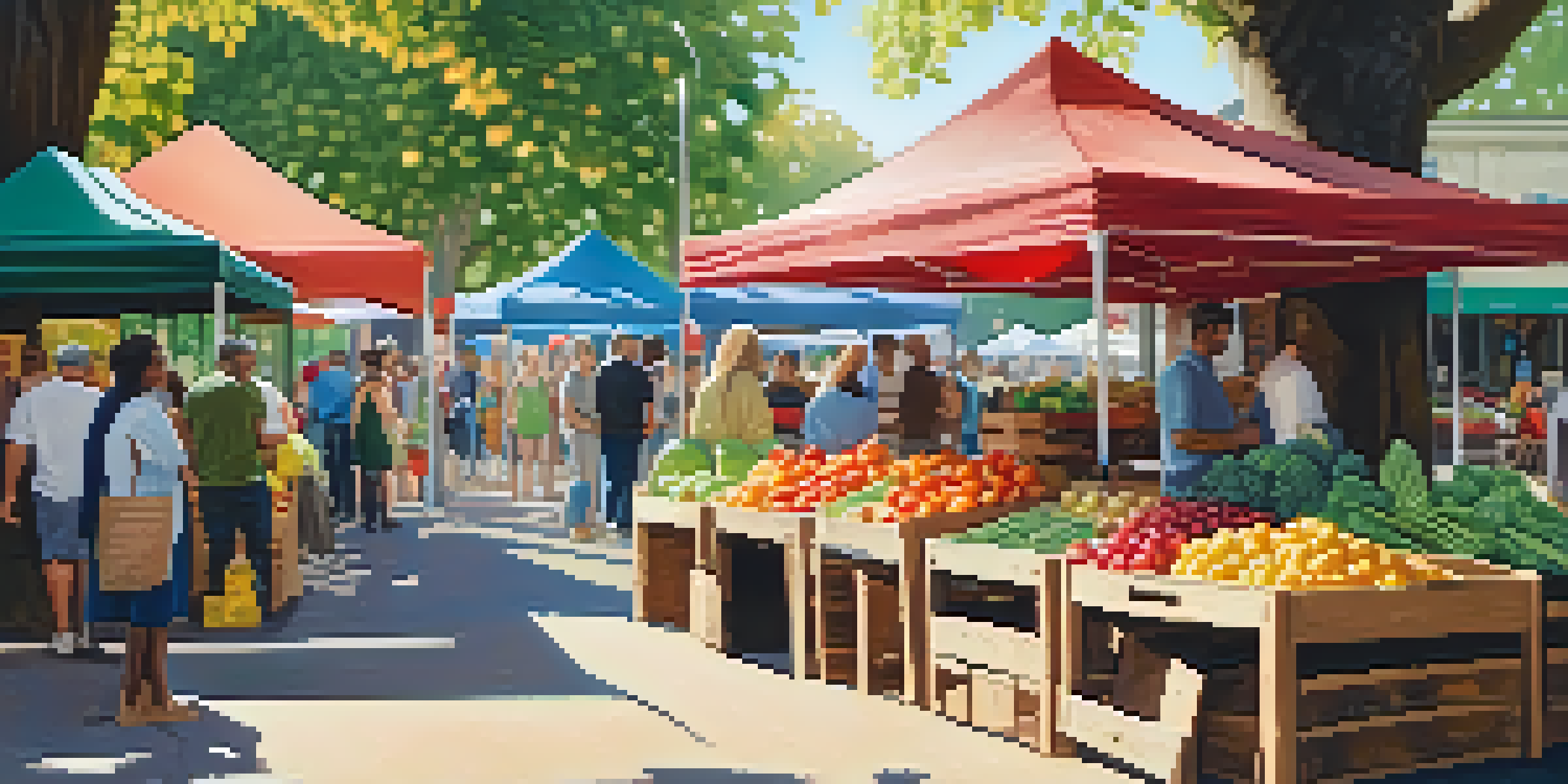 A lively farmer's market filled with fresh fruits and vegetables, with sunlight creating shadows and people interacting.