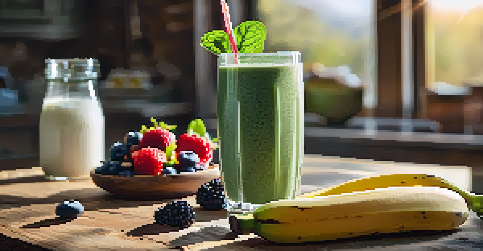 A colorful smoothie in a glass, made from bananas, spinach, and almond milk, decorated with chia seeds and berries on a wooden table in a sunny kitchen.