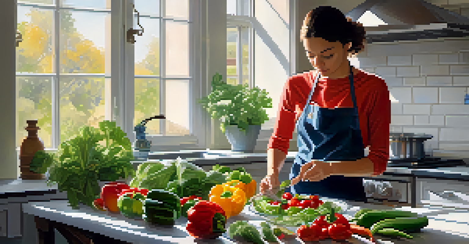 A person preparing a raw salad with fresh vegetables in a bright kitchen.