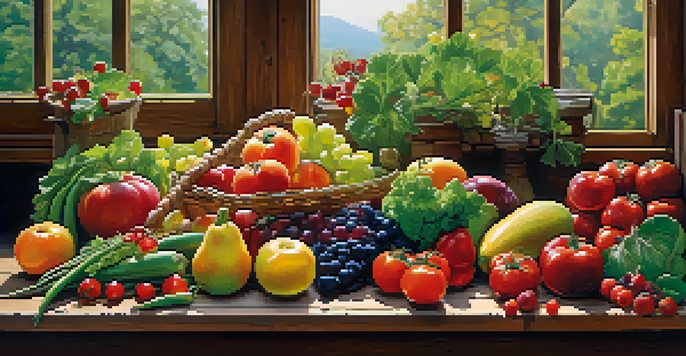 A beautifully arranged collection of fresh raw fruits and vegetables on a wooden table, illuminated by natural light.