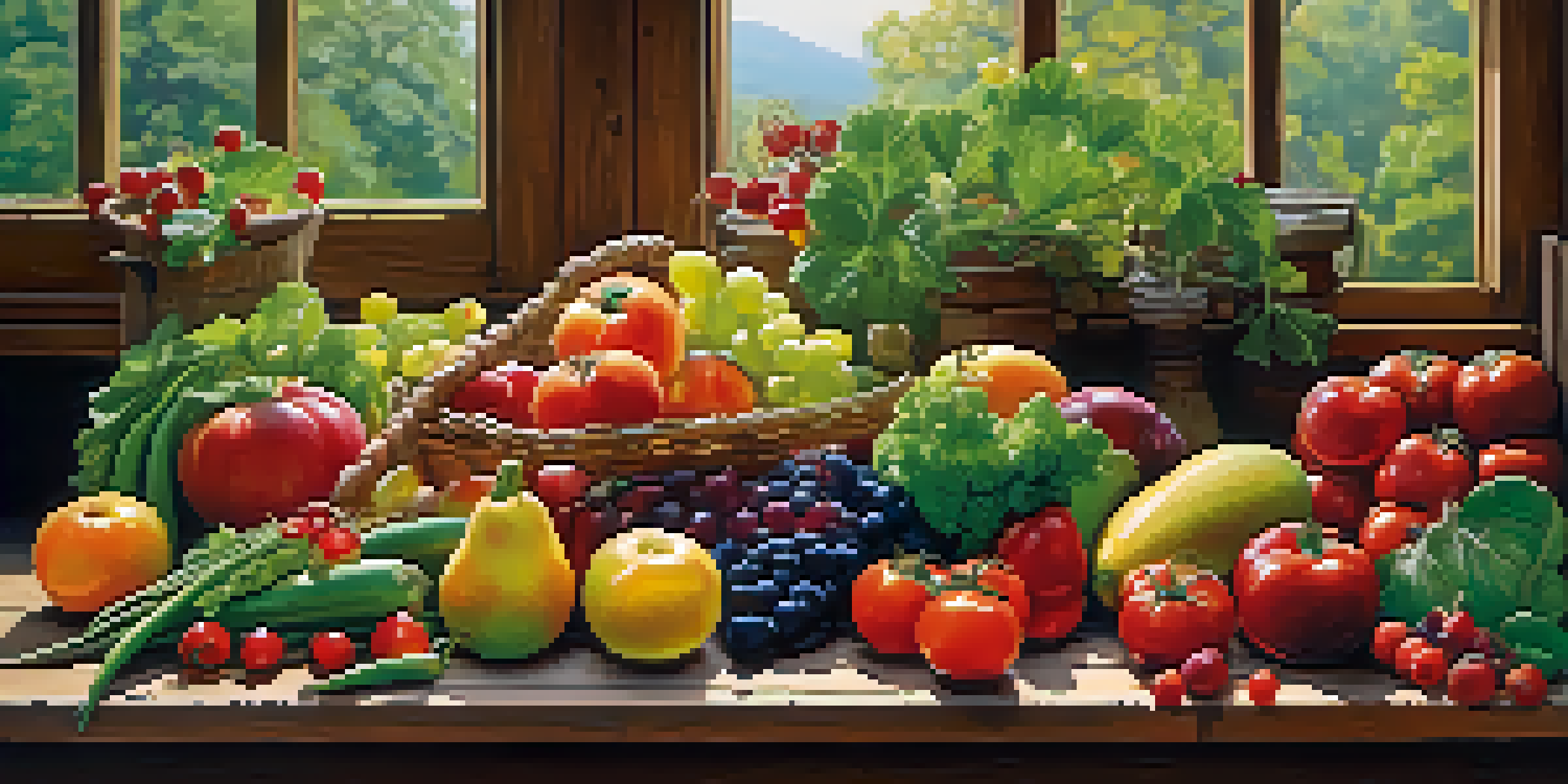 A beautifully arranged collection of fresh raw fruits and vegetables on a wooden table, illuminated by natural light.