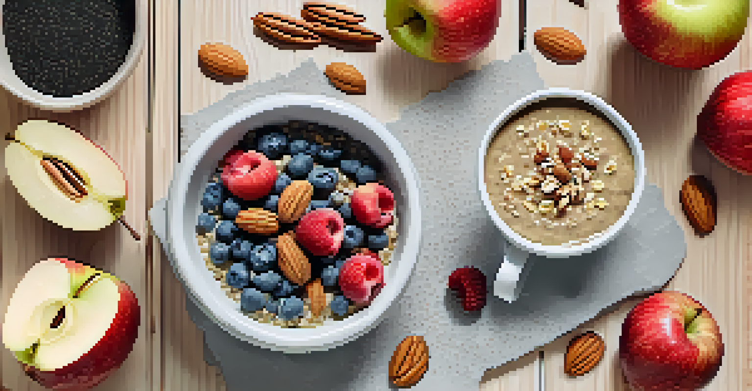 A flat lay of apple slices with nut butter, mixed nuts, and chia seed pudding topped with berries, on a light wooden surface.