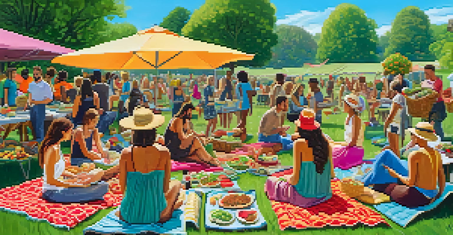 A community gathering outdoors with people sharing raw vegan dishes on a picnic blanket in a sunny park.