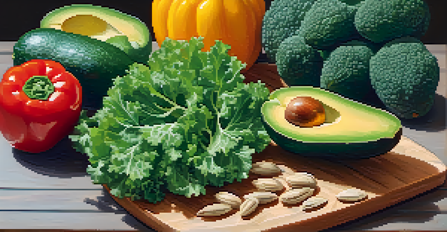 A close-up view of a wooden cutting board featuring fresh raw vegetables and seeds.