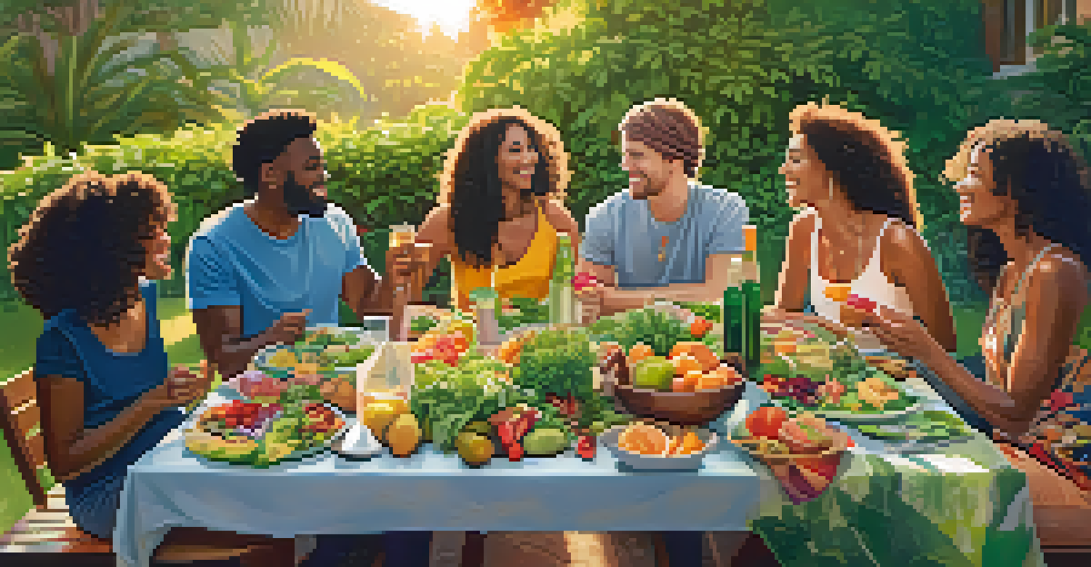 A group of friends enjoying a raw food picnic with colorful dishes on a table in a lush outdoor setting during sunset.