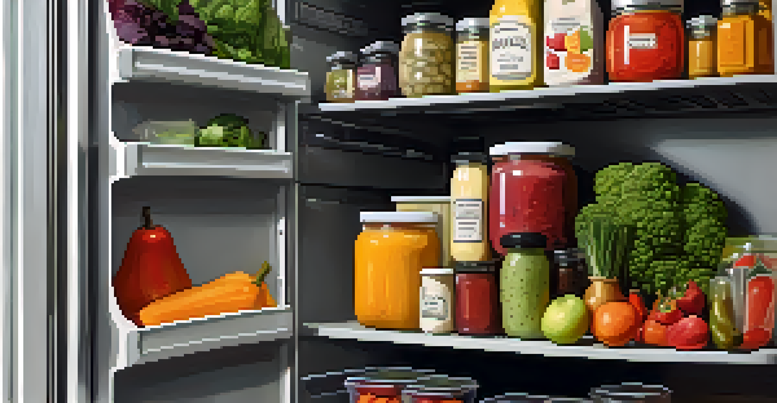A cozy kitchen fridge filled with labeled containers of fresh vegetables, fruits, and dressings, with a visible handwritten meal plan on the door.