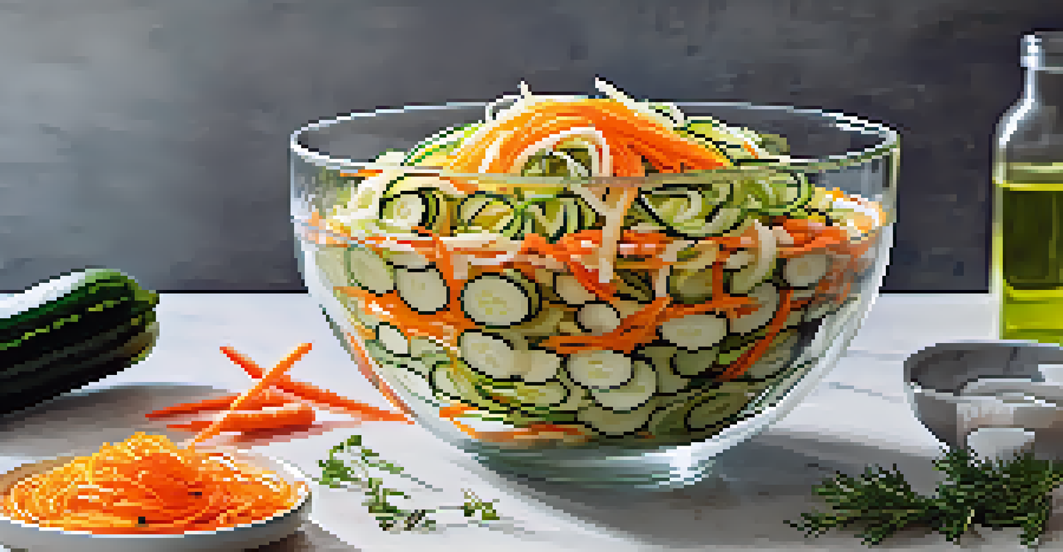 A clear glass bowl featuring spiralized zucchini and shredded carrots, beautifully arranged with a drizzle of olive oil and fresh herbs on top.