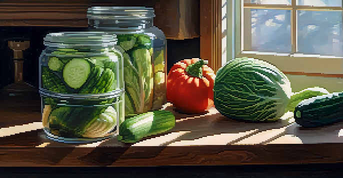 A glass jar filled with colorful fermented vegetables on a wooden kitchen countertop, illuminated by soft natural light.