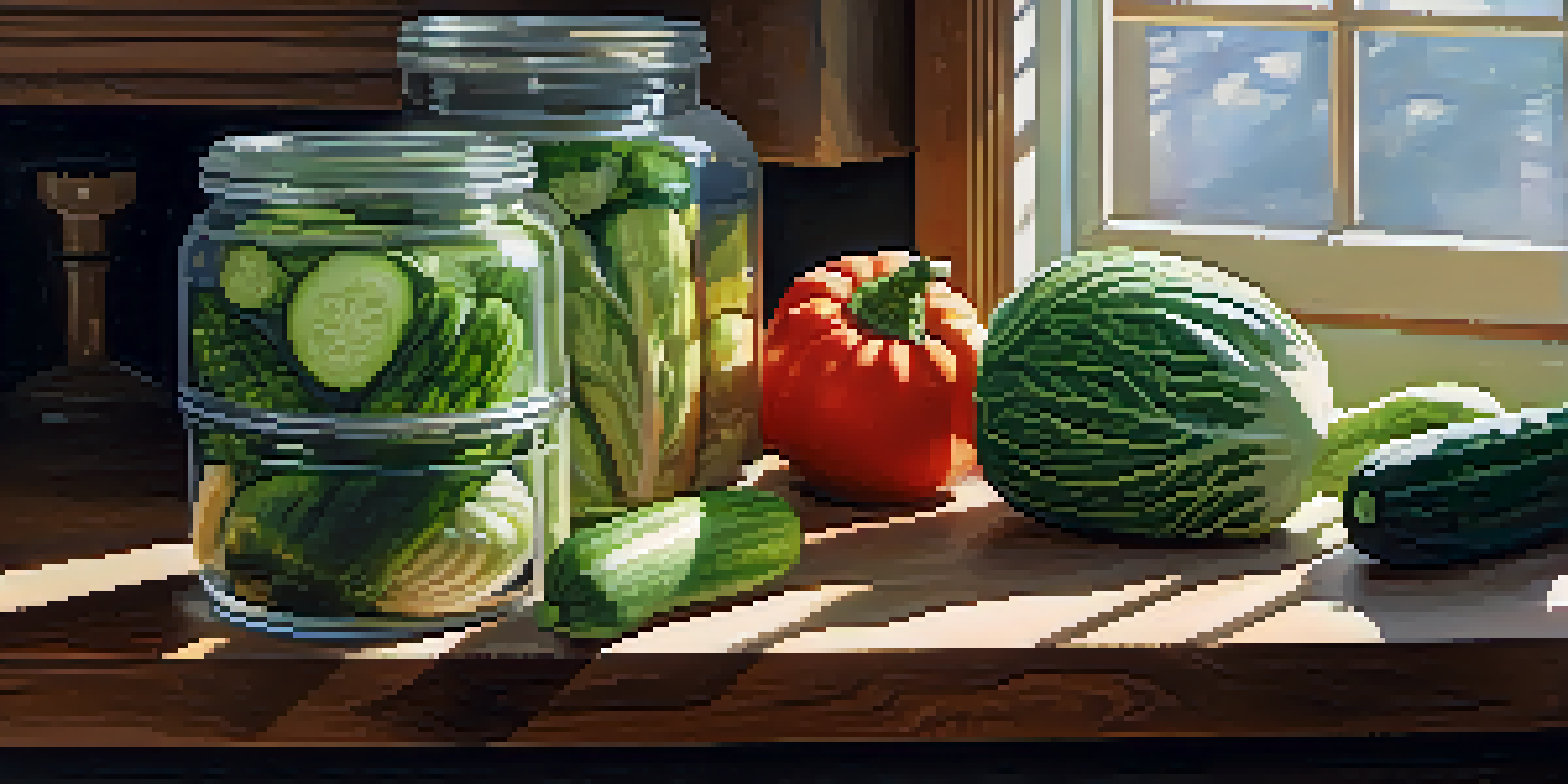 A glass jar filled with colorful fermented vegetables on a wooden kitchen countertop, illuminated by soft natural light.