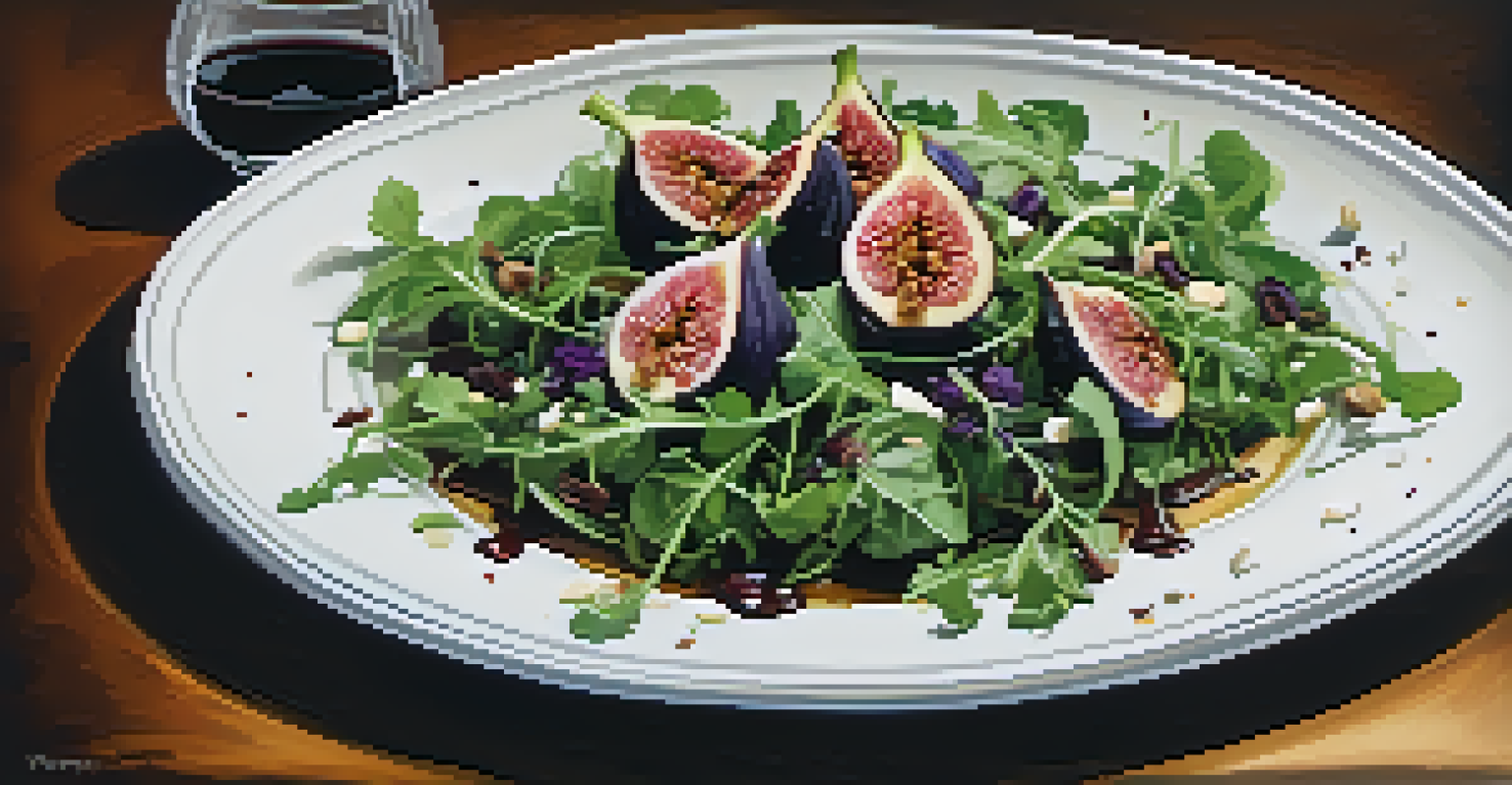 A stylish salad with figs and arugula on a white plate, topped with balsamic reduction and goat cheese.