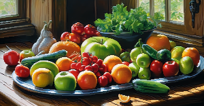 A colorful raw food platter with fruits and vegetables arranged on a wooden table, illuminated by natural sunlight.