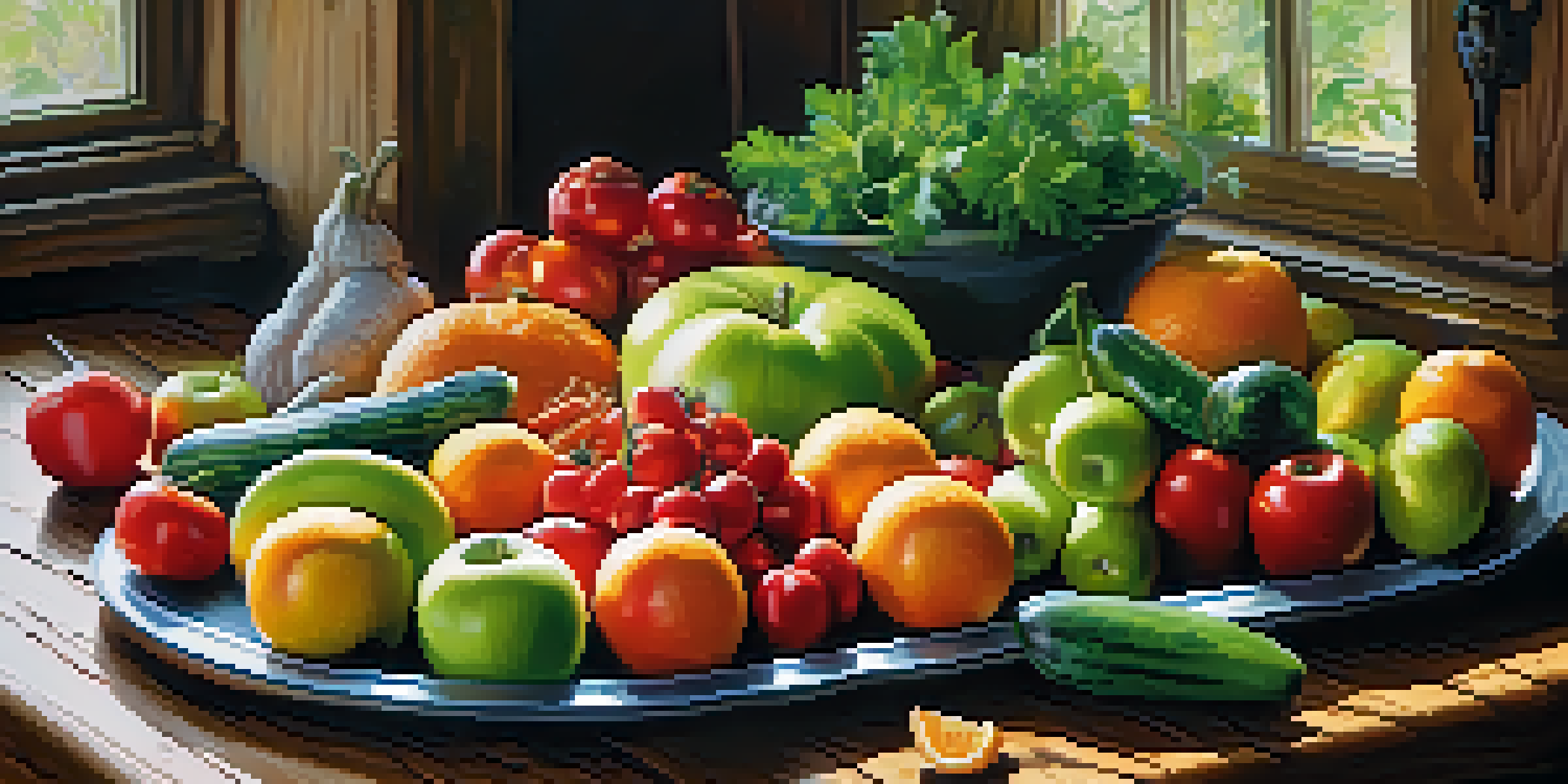 A colorful raw food platter with fruits and vegetables arranged on a wooden table, illuminated by natural sunlight.