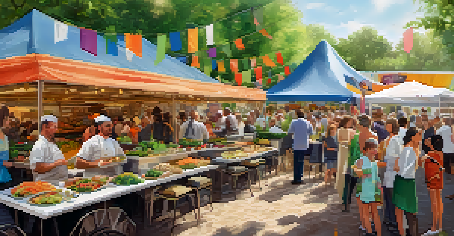A vibrant outdoor culinary festival booth displaying raw food dishes, with chefs engaging with attendees in a lively atmosphere.