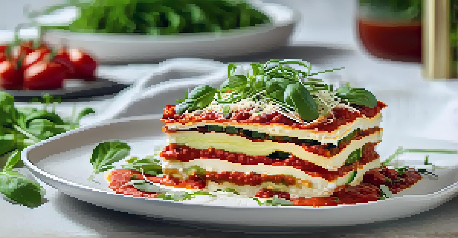 Raw zucchini lasagna with cashew cheese and marinara sauce, garnished with basil on a white plate.