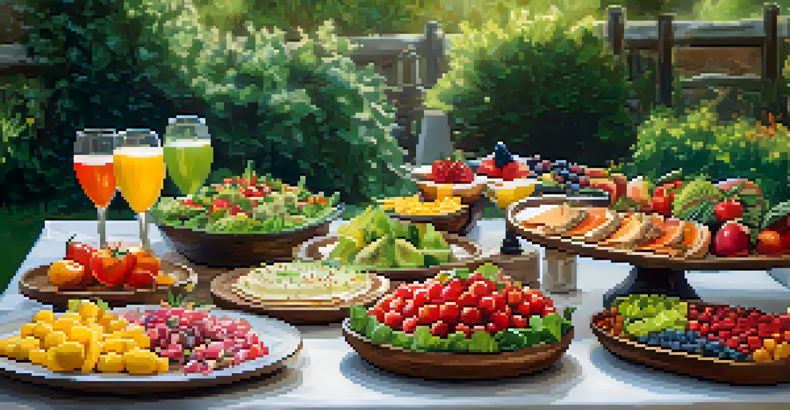 A table set for a raw food potluck, featuring vibrant dishes of fruits, salads, and desserts, illuminated by soft natural light.
