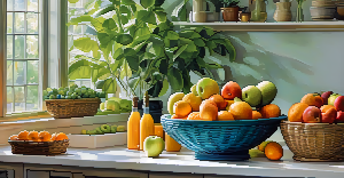 A kitchen countertop with tiered fruit baskets containing apples, bananas, and oranges, illuminated by natural light.